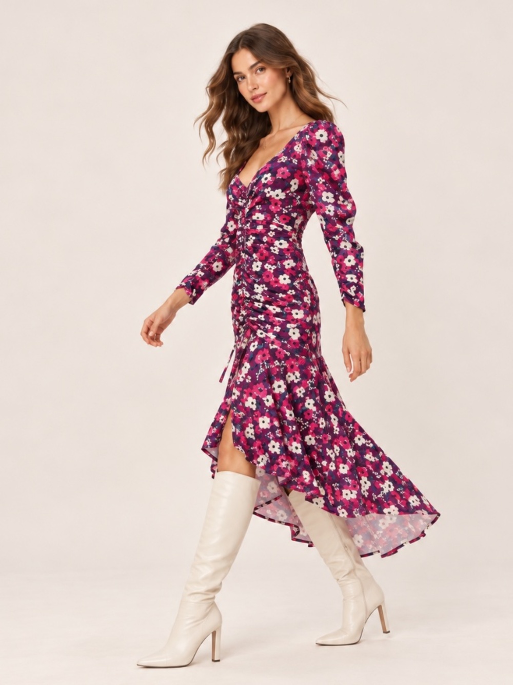 NWT For Love & Lemons Hallie Floral Ruched High Low Midi Dress Small